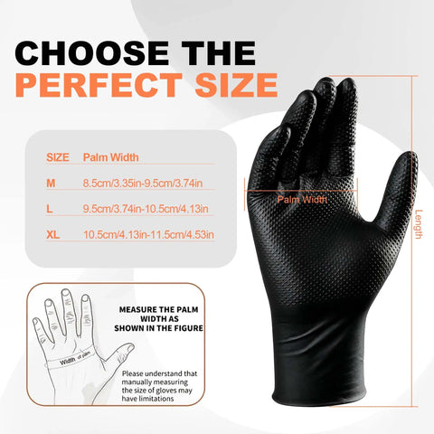 Thick 8 Mil Black Nitrile Gloves Heavy Duty Disposable Work Gear With Serious Diamond Grip Touchscreen Ready oil resistant sizing guide.