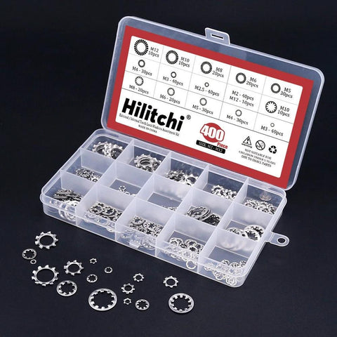 Hilitchi 400-piece stainless steel external/internal tooth star lock washer set in clear plastic case (M2–M12)