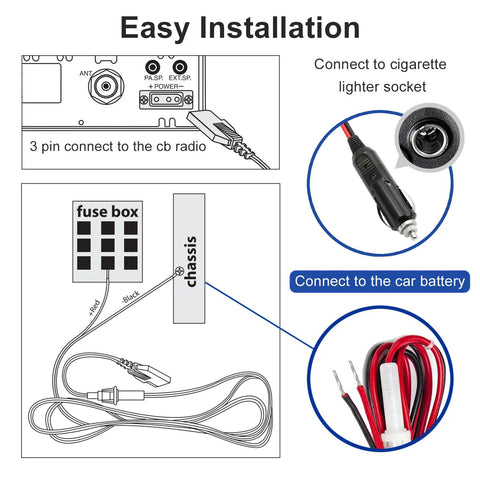 Installation diagram of Heavy Duty Three Pin CB Power Cord With 2 Wire 16 Gauge Copper Cable And Fused Car Lighter Plug 12V