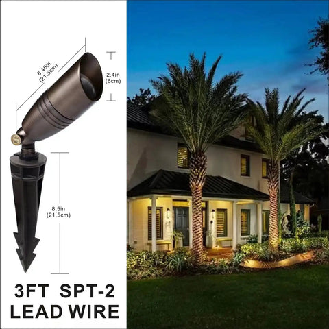 Image of Six Pack 12V Brass Landscape Spotlights with Ground Stakes highlighting dimensions and nighttime use in garden lighting.
