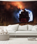 Massive Steam Train Tapestry Wall Art 236 by 118 Inches 6m by 3m Locomotive Scene On Vaser Valley Railway Backdrop in living room