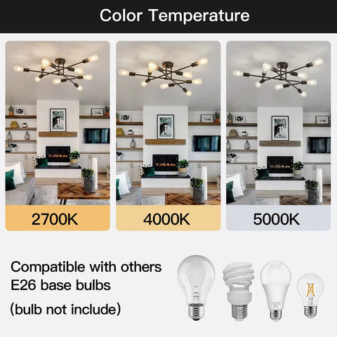 Black Semi Flush Mount Ceiling Light Fixture With 9 Lights in various color temperatures in a modern living room setting