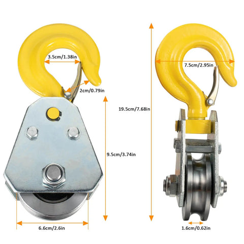 1 Ton Heavy Duty Pulley Hook Block Hoist With Hook For Five Eighth Inch Wire Rope Snatch Block Beefy Dual Bearing Roller System 66mm Wheel Diameter Handles Up To 16mm Rope Supports 2204 Lb Lifting, yellow steel hook block with size markings