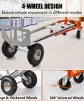 4-wheel design of 3 In 1 Convertible Hand Truck Aluminum Utility Dolly Cart With 880 Lb Capacity shows rubber wheels and platform mode.