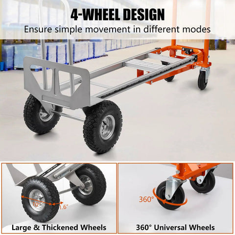 4-wheel design of 3 In 1 Convertible Hand Truck Aluminum Utility Dolly Cart With 880 Lb Capacity shows rubber wheels and platform mode.