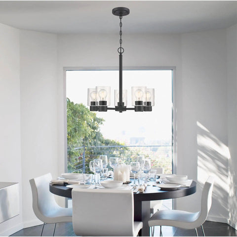 Dining room with Five Light Indoor Chandelier in Matte Black Finish With Clear Glass Cool Modern Vibe, sloped ceiling ready