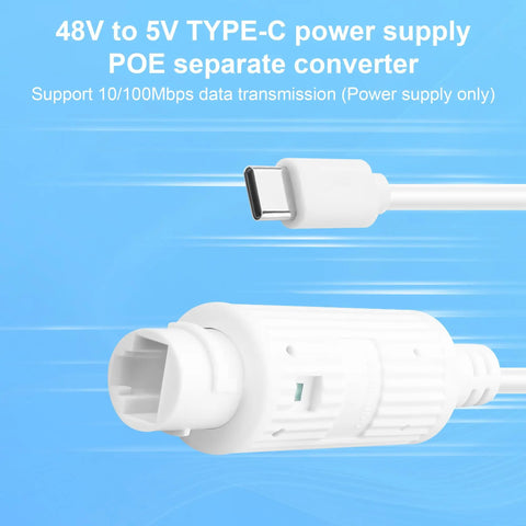 Straight Up POE To USB C Power Only Conversion Adapter serving pure 5V DC juice with Type-C connector and plug.