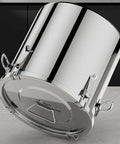 Heavy Duty Stainless Steel Airtight Food Storage Bucket With Secure Locking Lids Great For Bulk Rice Flour Dog Food Or Coffee Keeps Kitchen Essentials Fresh Zero Fuss Built Like A Tank, showing underside and locking mechanism.