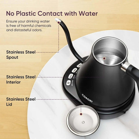 Gooseneck Electric Kettle With 5 Temperature Presets For Coffee And Tea, 0.8L Capacity, stainless steel lid and bottom