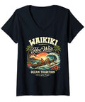 Womens Waikiki Hawaii Outrigger Canoe Ocean Tradition V Neck Tee with vintage distressed sunset design, front view.