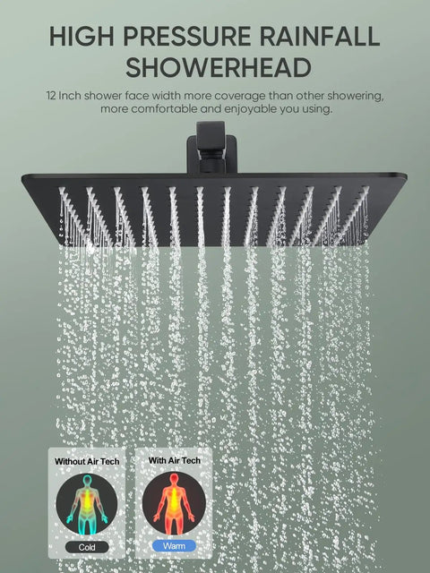 Matte Black 12-Inch Shower System With Handheld Spray Complete Faucet Set Includes Rough-In Valve Body and Trim Water-Saving High-Pressure