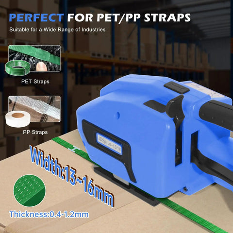 Built Tough Cordless Electric Strapping Machine With Bright Lcd Screen Dual Long Last Batteries For No Stress Pp Pet Strap Baling On Cartons And Heavy Pallets showcasing pet/pp straps.