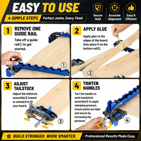 Premium 19 Inch Panel Clamps With Bonus Storage Rack Delivering Four Way Pressure for easy gluing process in woodworking.
