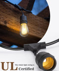 52 Ft Outdoor String Lights With 30 Incandescent Bulbs UL Listed Edison bulb glowing on wooden beam