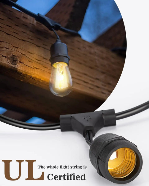 52 Ft Outdoor String Lights With 30 Incandescent Bulbs UL Listed Edison bulb glowing on wooden beam