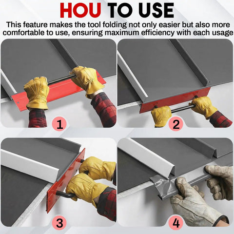 Steps for using 12 Inch 16 Gauge Steel Sheet Metal Folding Tool With Grips For Standing Seam Roofing Panels Drip Edge Bender Handy Tool For HVAC Applications And Pipe Fitting Red