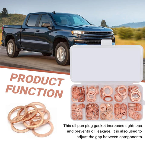 200 Piece Copper Washer Kit For Cars, box of metric crush washers and flat sealing gaskets with heavy-duty copper seals
