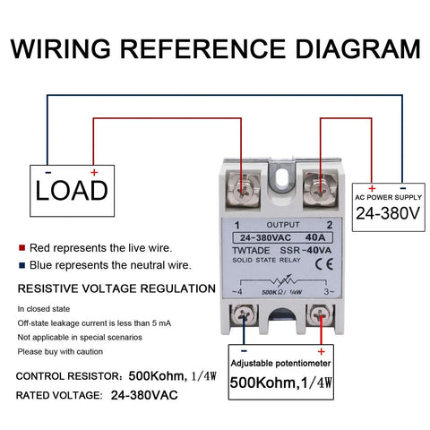 Wiring diagram of Beefy SSR 40VA Solid State Relay 24-380V AC 40A showing load and power supply connections.