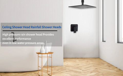 Matte Black Ceiling Shower System With 10 Inch Rain Shower Head, Valve And Trim in modern bathroom setting