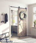 Heavy Duty 5ft Sliding Barn Door Hardware Kit With Track Kit, Pull Handle Set, And Floor Guide, installed on door