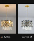 Modern Crystal Chandelier With Metal Frame And K9 Crystals, shown lit and unlit, Round Luxury Hanging Ceiling Light for Dining Room