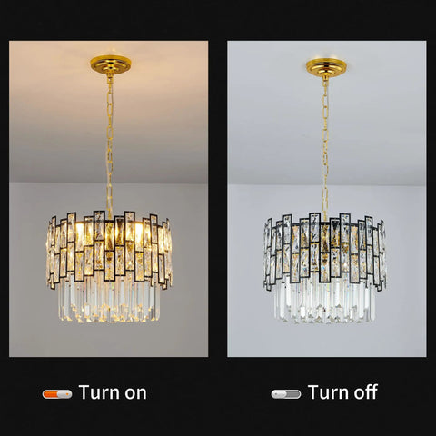 Modern Crystal Chandelier With Metal Frame And K9 Crystals, shown lit and unlit, Round Luxury Hanging Ceiling Light for Dining Room