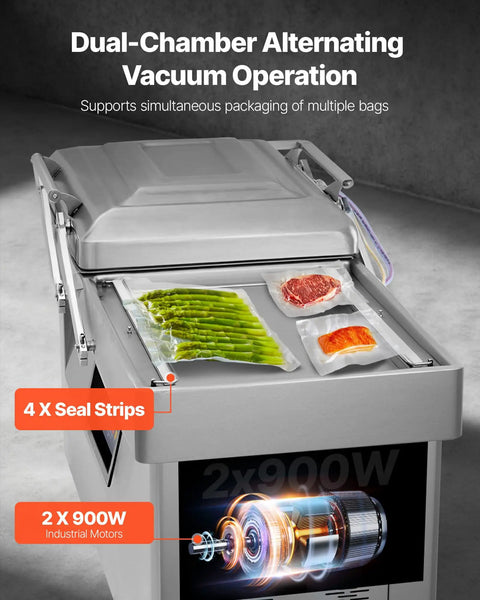 Chamber Vacuum Sealer With 1200 Watts And A Generous 23 Inch Seal Bar showing dual-chamber operation with steak and asparagus.