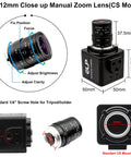 2MP Global Shutter USB Camera With 90FPS High Frame Rate, 4x Manual Zoom Lens 2.8-12mm, camera dimensions and lens details shown.