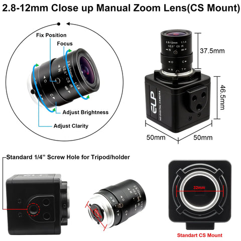 16MP HD USB Camera With 2.8 to 12mm 4X Optical Zoom CS Mount Lens, showing dimensions and adjustment features