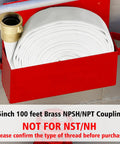 Heavy Duty Lay Flat Fire Hose 1.5 Inch By 100 Feet White Backwash And Discharge Hose With Brass NPSH NPT Connectors in red cabinet