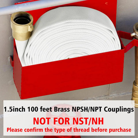 Heavy Duty Lay Flat Fire Hose 1.5 Inch By 100 Feet White Backwash And Discharge Hose With Brass NPSH NPT Connectors in red cabinet
