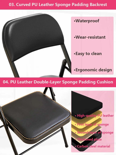 Comfy Folding Chair With Padded Cushion And Sturdy Black Steel Frame, Portable, No Assembly, And Stackable For Indoor And Outdoor Use