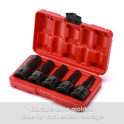Three Quarter Inch Drive Impact Hex Bit Set Five Piece SAE Kit in red storage case with black phosphate finish