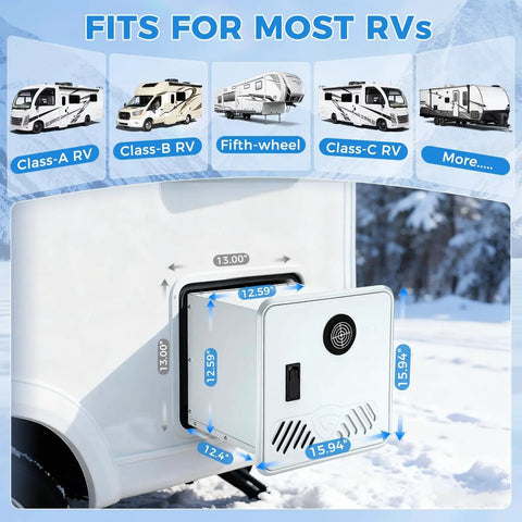 Compact propane tankless water heater dimensions shown for RVs, 12.4 by 12.59 by 15.94 inches, fits for most RVs.