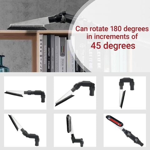 Must Have Universal Vacuum Brush Attachment With 2 In 1 Multi Angle Dusting Tool Soft Flexible Crevice Tool For Delicate Surfaces 180 Degree Locking Lets You Clean Ceilings Fans Vents Furniture Without Strain displayed with rotation options on shelf