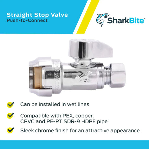 1/2 x 3/8 Inch Compression Straight Stop Valve Pack of 4, Quarter Turn, Push to Connect Brass for PEX Copper Plumbing