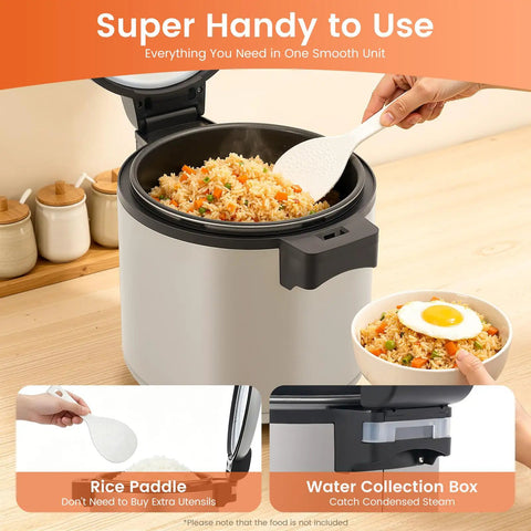 Psufurv Electric Rice Warmer With Non Stick Inner Pot And Spoon Keep Warm Function Auto Cooker showing rice and included paddle.