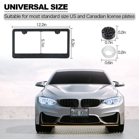 Diagram of Two Pack Premium Stainless Steel Rhinestone License Plate Frame dimensions with car and installation parts.