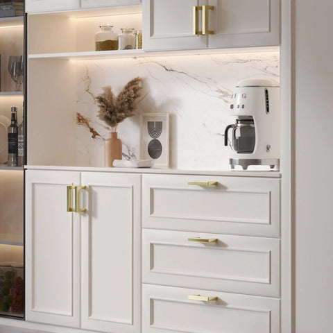 Set Of 20 5 Inch Brushed Gold Cabinet Handles With Square Style Design Premium Stainless Steel Drawer Pulls installed in modern kitchen
