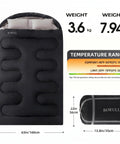 Oversized Double Sleeping Bag For Two Adults Queen Size With Two Pillows Built For Camping, black dimensions shown