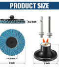 48 Piece 2 Inch Flap Disc Set With One Quarter Inch Shank Holder Grits 40 60 80 120 For Die Grinder Surface Grinding Rust Removal Finishing Deburring Stock Prep And Metal Work, showing disc dimensions and shank holders