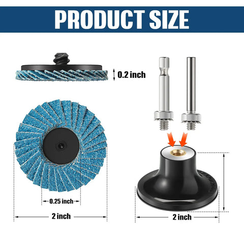 48 Piece 2 Inch Flap Disc Set With One Quarter Inch Shank Holder Grits 40 60 80 120 For Die Grinder Surface Grinding Rust Removal Finishing Deburring Stock Prep And Metal Work, showing disc dimensions and shank holders