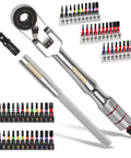 60 Piece Pivoting Flex Head T-Handle Ratchet Wrench Set With 72-Tooth Reversible Ratchet, One Quarter Inch Extension Bar, Socket Adapter And One Inch Impact Screwdriver Bits displayed with various bits and adapter