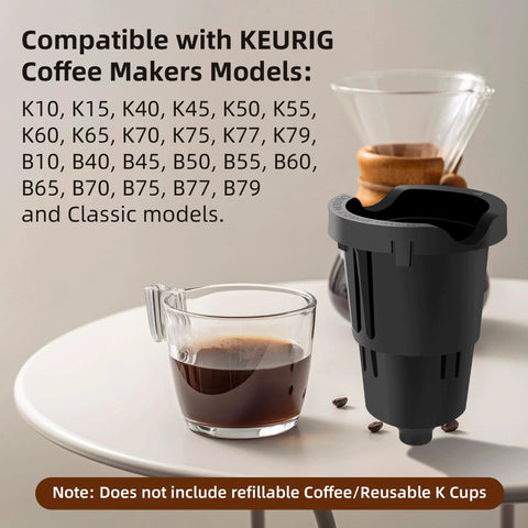 APPLIANCEMATES front view: dark gray K-Cup pod holder replacement for Keurig with exit needle, shown beside coffee cup.