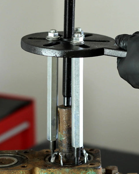 GallopMax 21-in-1 bearing puller set with steel components, threaded screw, and black mounting plate.