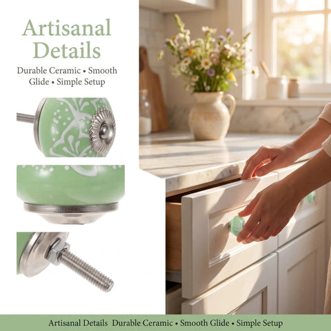 Top Shelf Vintage Floral Ceramic Cabinet Knobs And Drawer Pulls Set To Freshen Your Space With A Darn Cute 40mm Round Design close-up of green floral knob with smooth glide.