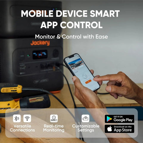 Person using mobile app to control Go-To High Capacity Portable Power Station With 2042Wh LiFePO4 Battery, 3000W AC Output, Solar Generator
