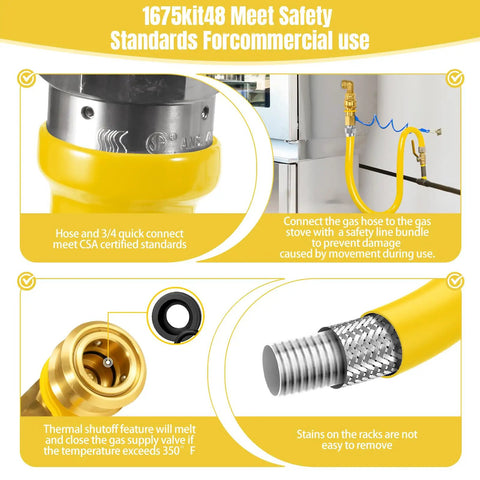 Heavy Duty Beefed Up Three Quarter Inch Gas Line Hose Kit With Safety System showing hose connection and safety features.