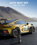 Racing car parked on mountain road with X8 Apex Tire Inflator Portable Cordless Air Compressor With LED Dual Screen visible beneath.