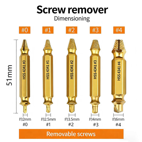 Damaged Screw Extractor Set 6-Piece Pro Drill Bit Kit For Stripped And Broken Screws Removal With HSS Bits gold-colored sizes shown